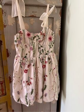 WomenFloral Embroidered Pink Dress with Tie Straps bubble dress